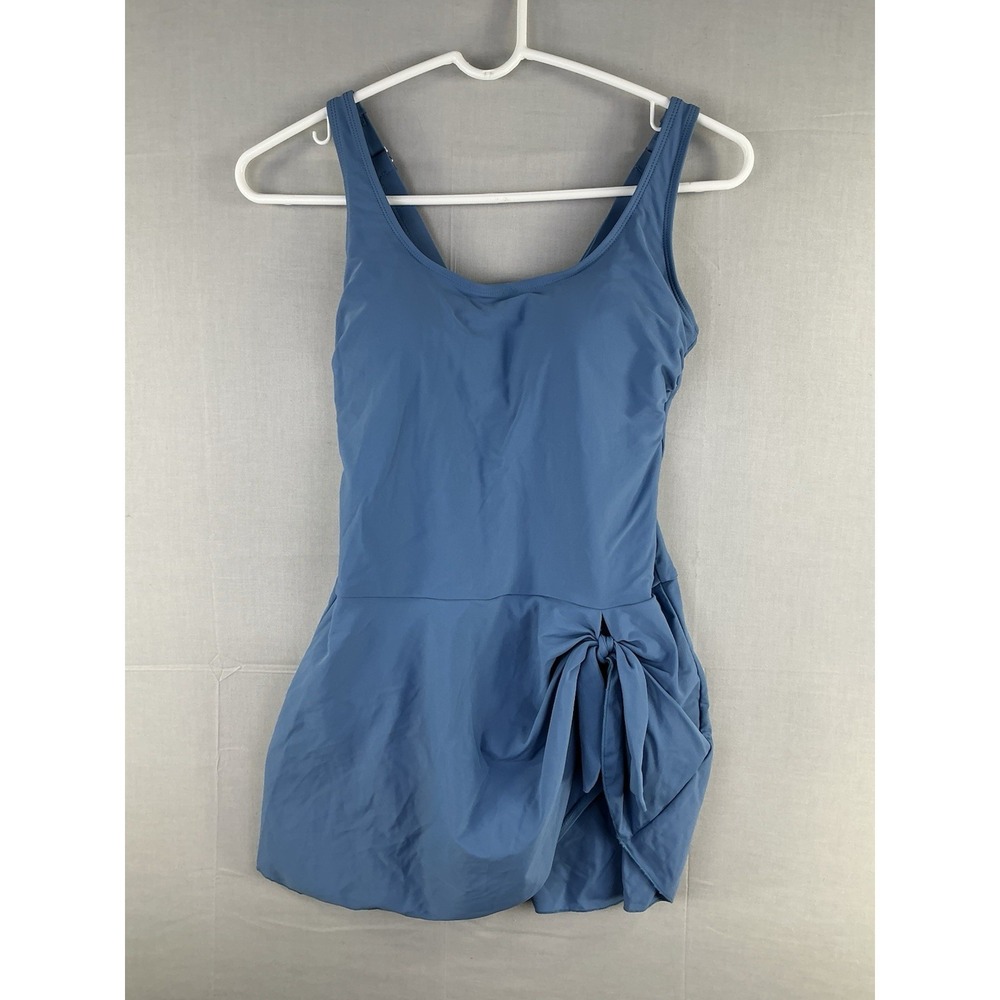 Eomenie Women's Blue One Piece Swim Dress Swimsuit Side Tie NWT